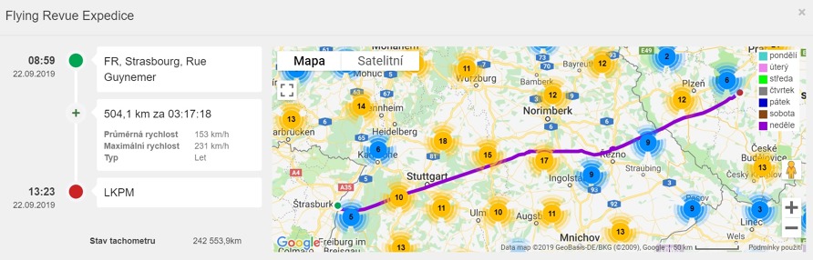 Záznam letu Štrasburk - Příbram v podání trackeru Trexee. 